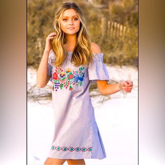 Judith March Dresses & Skirts - Stripe Embroidered Boho Off  Shoulder Tunic Dress, M, Judith March (bin L)